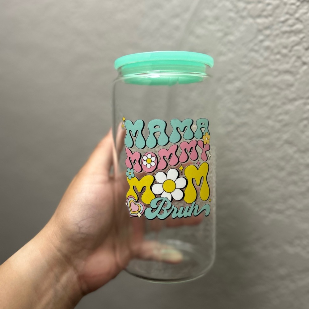 Floral Text Glass Tumbler with Mint Lid